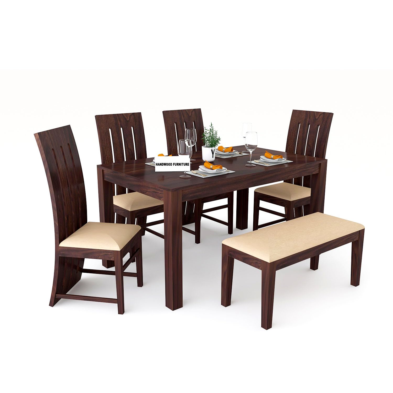 Sheesham Wood Dining Table (57x35) with 4 Chairs & 1 Bench |6 Seater Dining Set | Wooden Dining Table with Chair - Dining Room Furniture