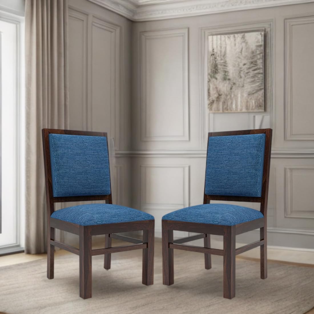 Modern Home Furniture | Solid Wood Dining Chair Set of 2 | Study Chair for Home & Office | Walnut Finish with Blue Cushions