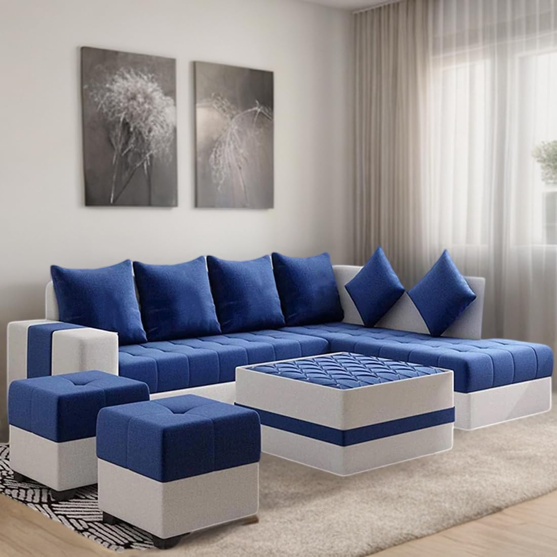 8 Seater Sofa Set, L Shape Sofa (Right Facing) 2 Ottoman, 6 Small Pillow with Coffee Table for Living Room Furniture | Sofa for Home & Office Furniture