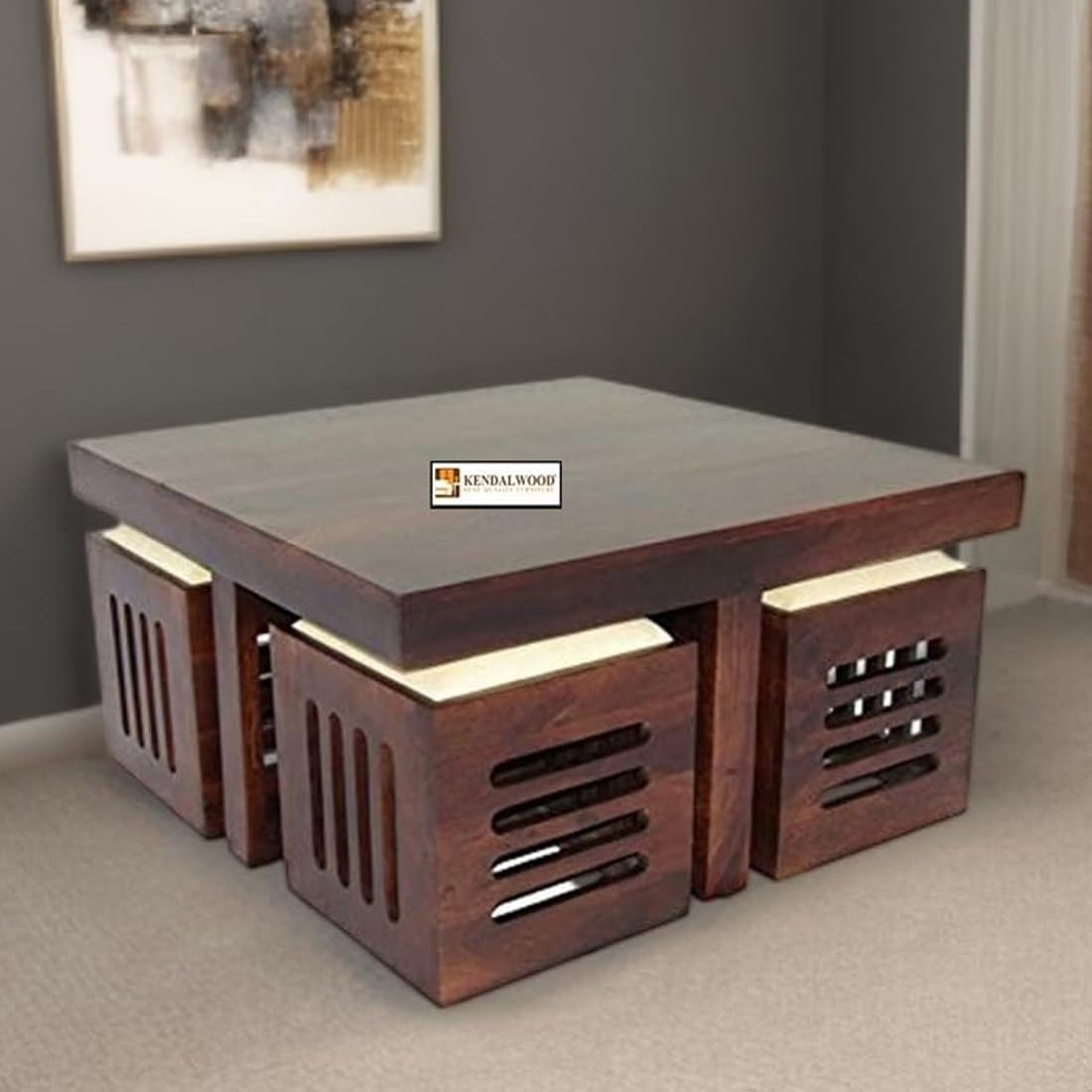 Sheesham Wood Coffee Table for Living Room with Capsule Cut Stool