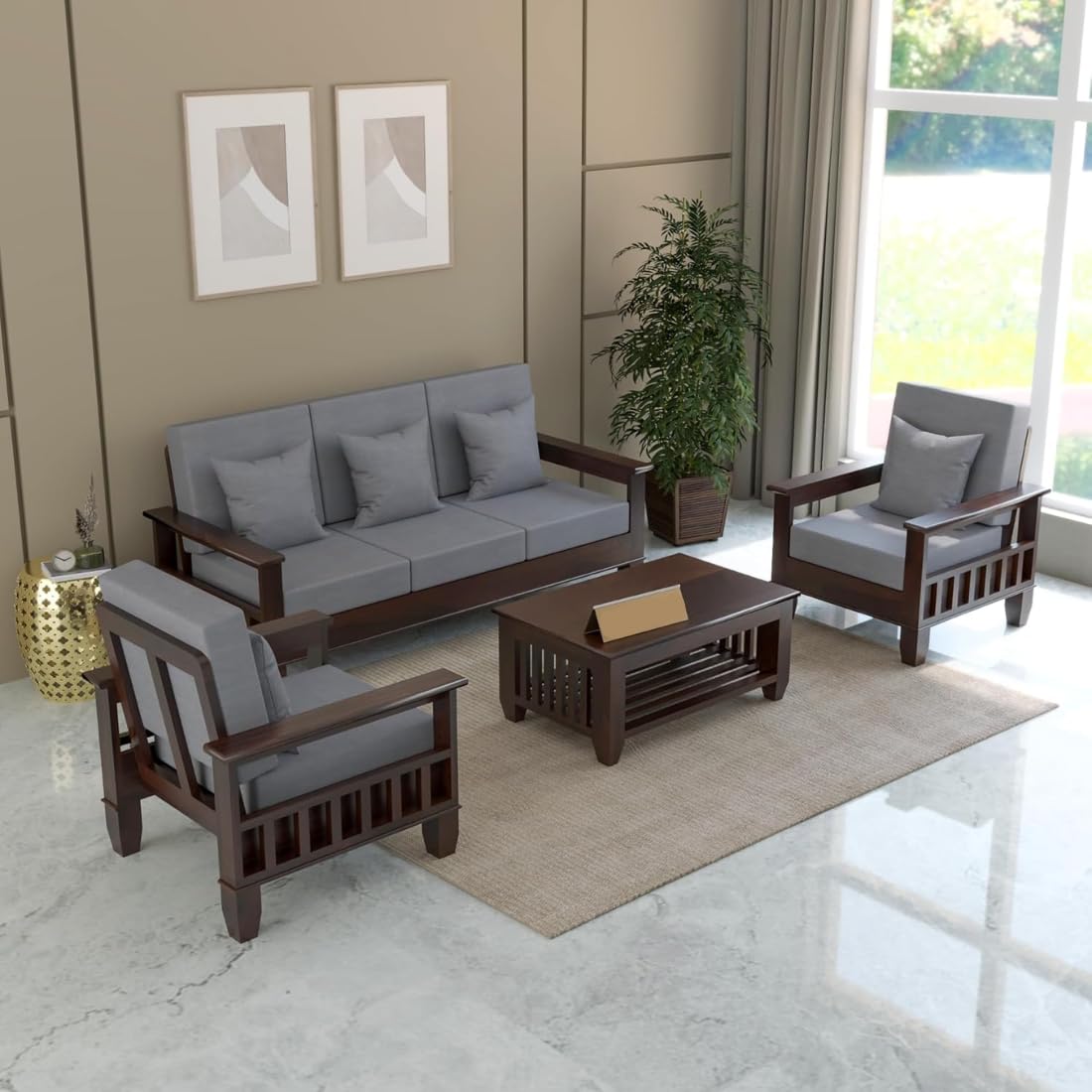Solid Sheesham Wood Sofa Set , Living Room Furniture (3+1+1 with Center Table) 5 Seater
