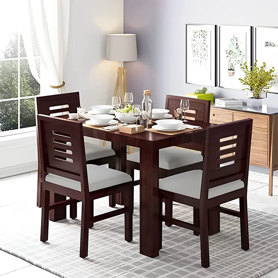 Solid Wood Dining Table with 4 Chairs | 4 Seater Dining Set | Wooden Dining Table with Chair - Dining Room Furniture