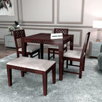 Sheesham Wood Dining Table (34x34) with 3 Chairs & 1 Bench | 4 Seater Dining Set