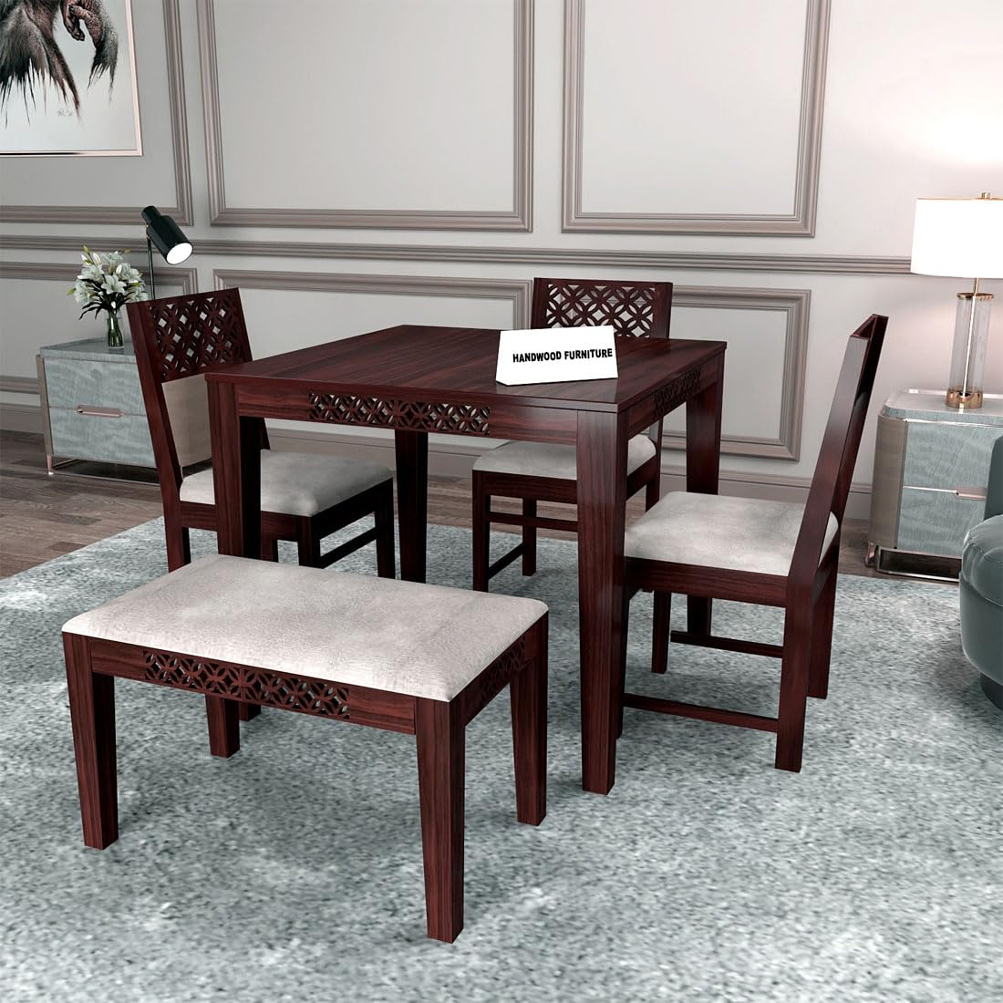 Sheesham Wood Dining Table (34x34) with 3 Chairs & 1 Bench | 4 Seater Dining Set