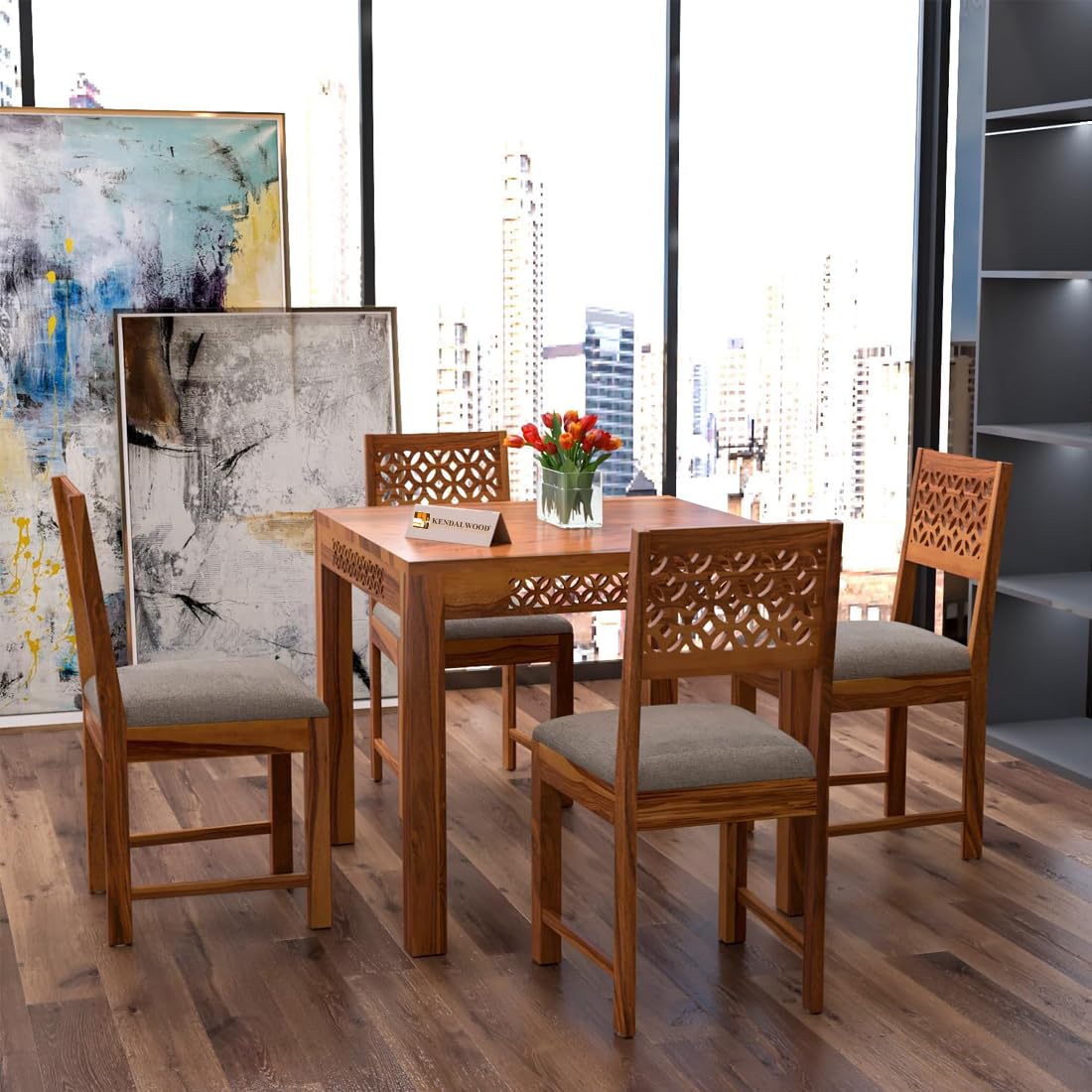 Sheesham Wood CNC Cutting Dining Table with 4 Chairs, | 4 Seater Dining Set