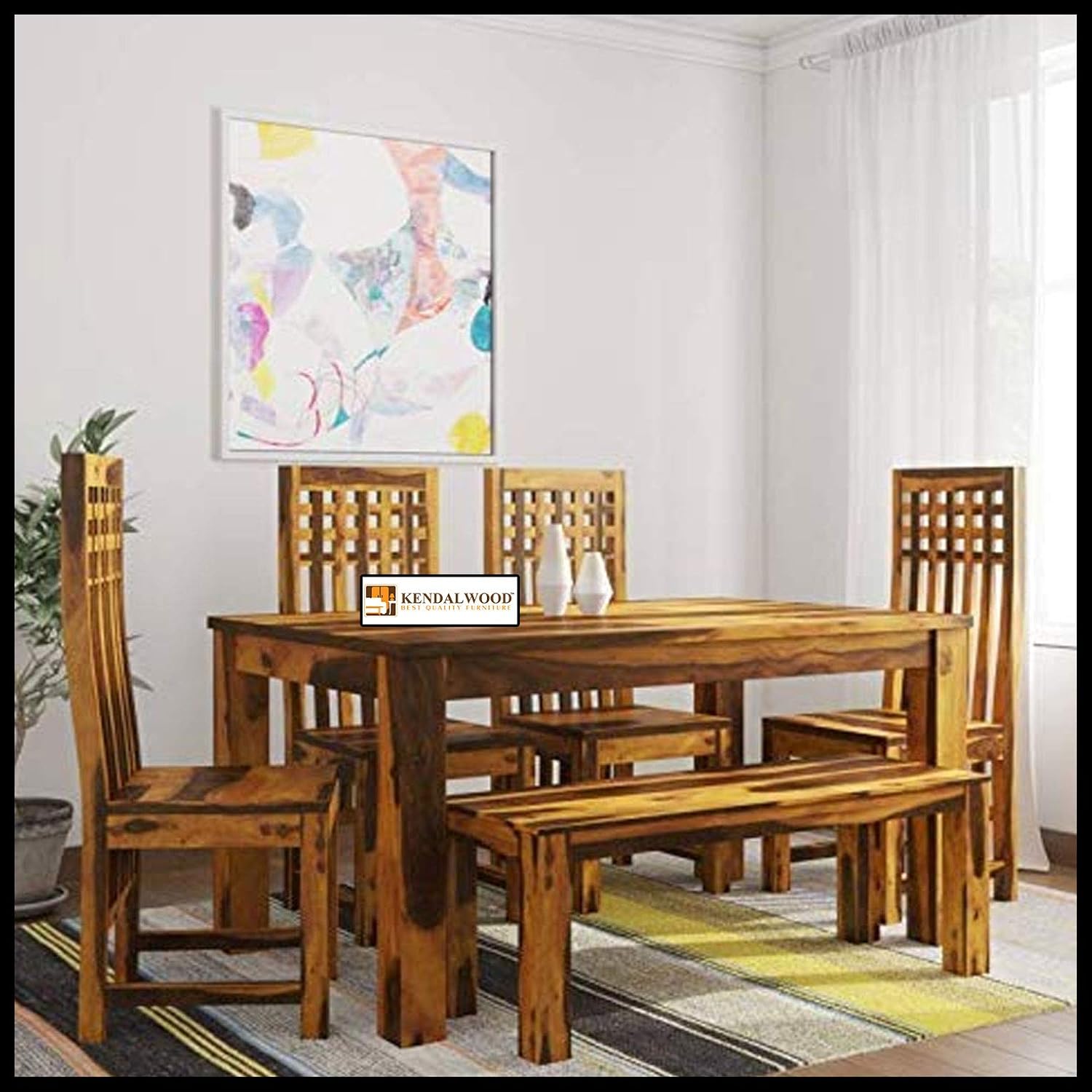 Sheesham Wood Dining Table(57x35) with 4 Poster Chairs, 1 Bench | 6 Seater Dining Set | Wooden Dining Table with Chair - Dining Room Furniture