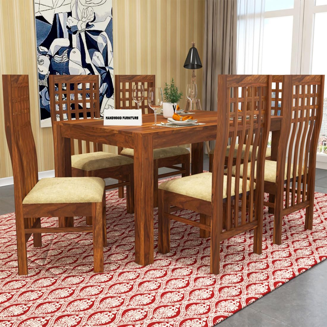Sheesham Wood Dining Table(57x35) with 6 Chairs | 6 Seater Dining Set | Wooden Dining Table with Chair - Dining Room Furniture
