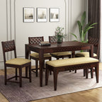 Sheesham Wood CNC Cuting Dining Table with 4 Chairs with 1 Bench|6 Seater Dining Set- Dining Room Furniture