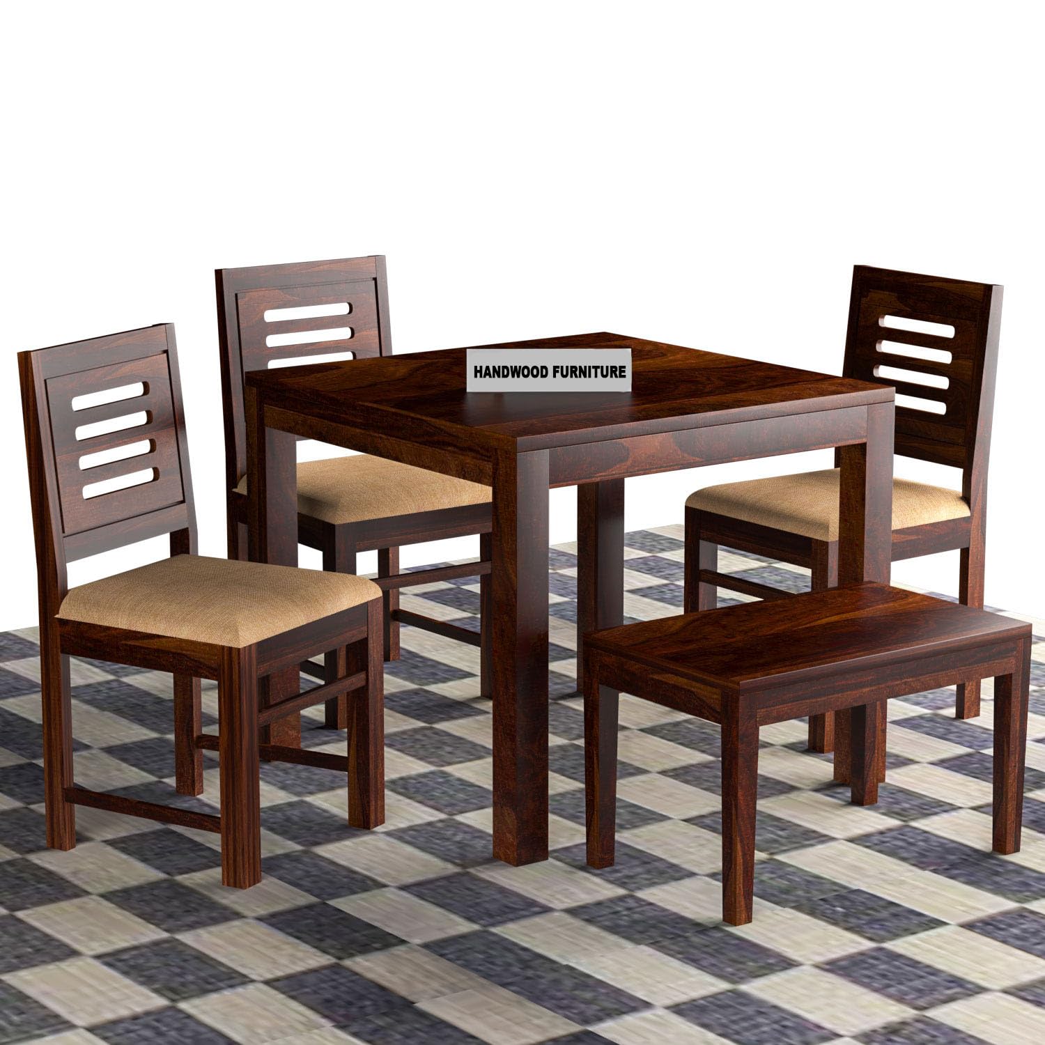 Sheesham Wood Dining Table(34x34) with 3 Chairs & 1 Bench | 4 Seater Dining Set | Wooden Dining Table with Chair - Dining Room Furniture