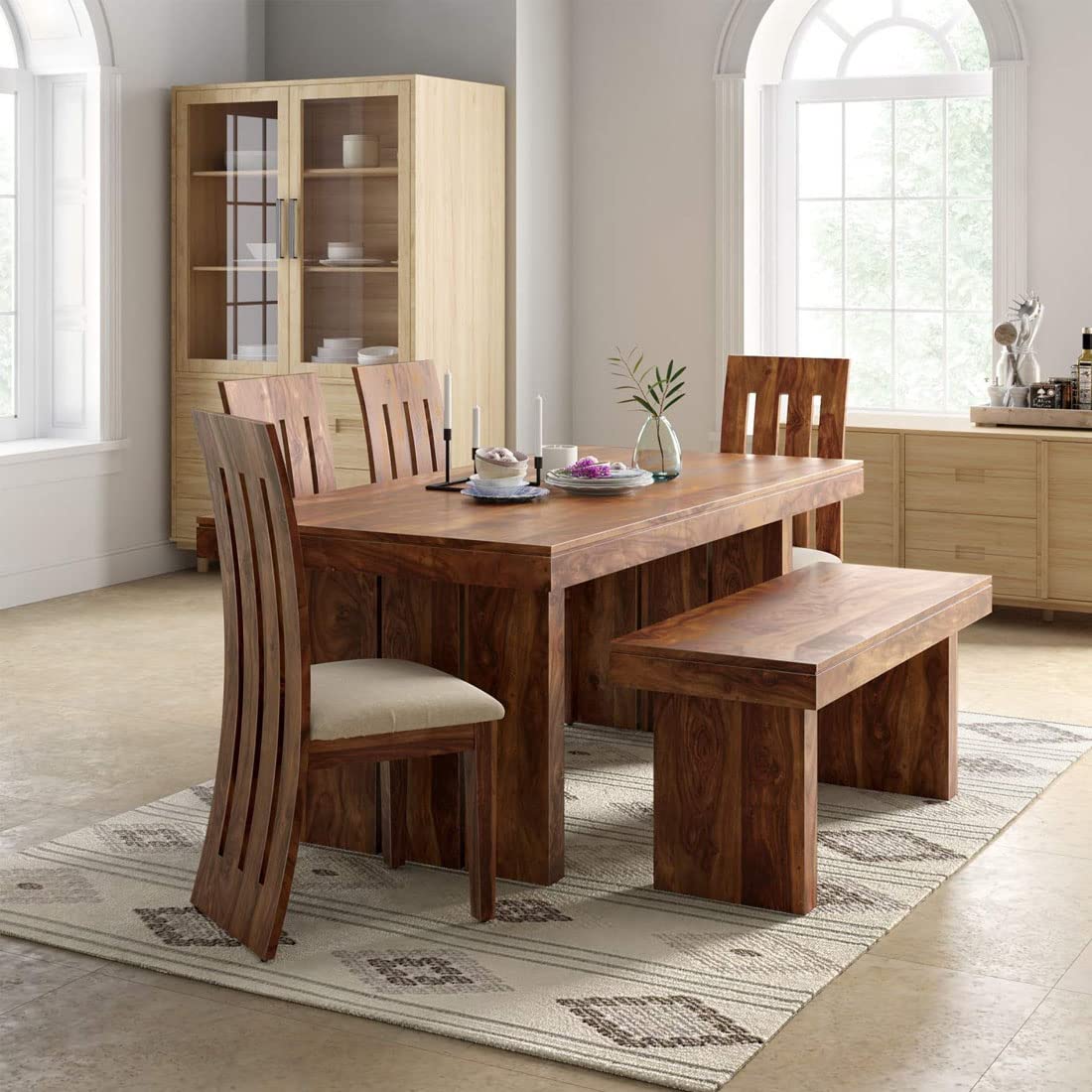 Sheesham Wood Dining Table (68x35) with 4 Chairs & 1 Bench | 6 Seater Dining Set | Wooden Dining Table with Chair - Dining Room Furniture