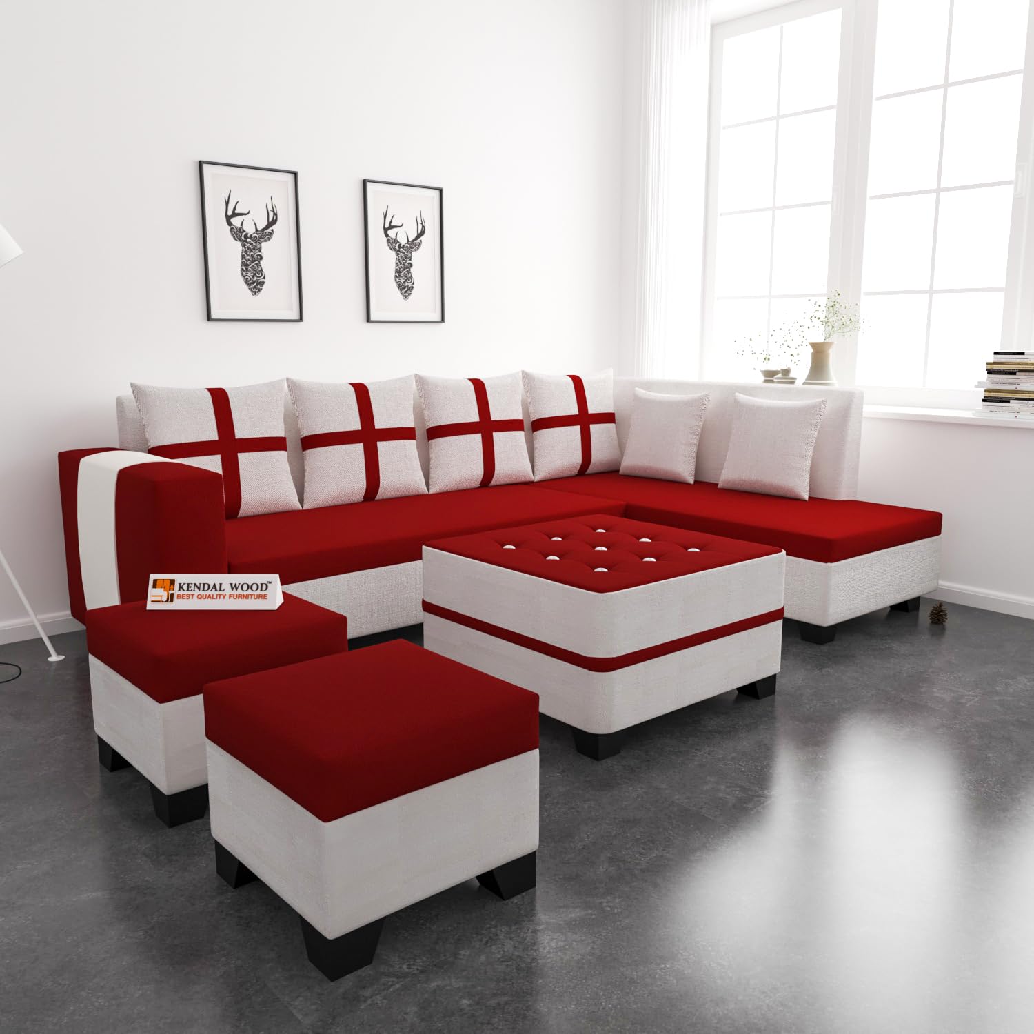 8 Seater Sofa Set, L Shape Sofa (Right Facing) 2 Ottoman, 6 Small Pillow with Coffee Table | Sofa for Home & Office Furniture