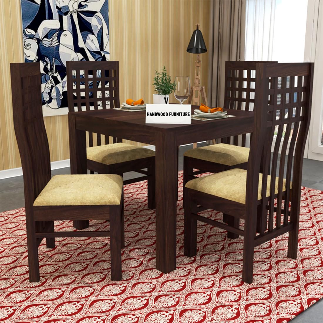 Premium Sheesham Wood Dining Table (34x34) with 4 Chairs | 4 Seater Dining Set | Wooden Dining Table with Chair | Dining Room Furniture
