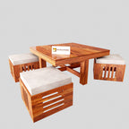 Square Sheesham Wood Coffee Table for Living Room | Coffee Table with 4 stools