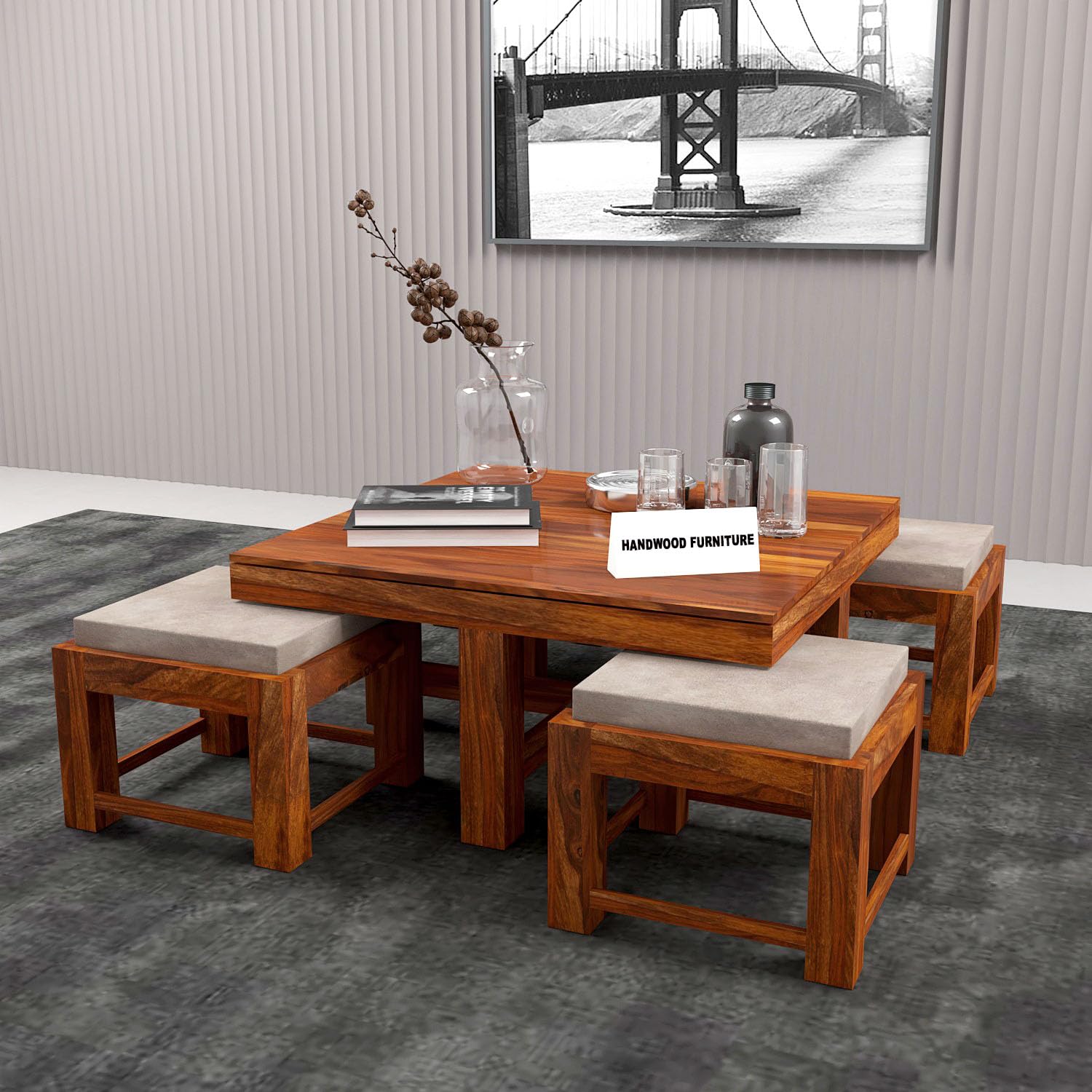 Premium Sheesham Wood Coffee Table for Living Room | Wooden Coffee Table with 4 Stool | Walnut Finish with Flower Printed Cushions