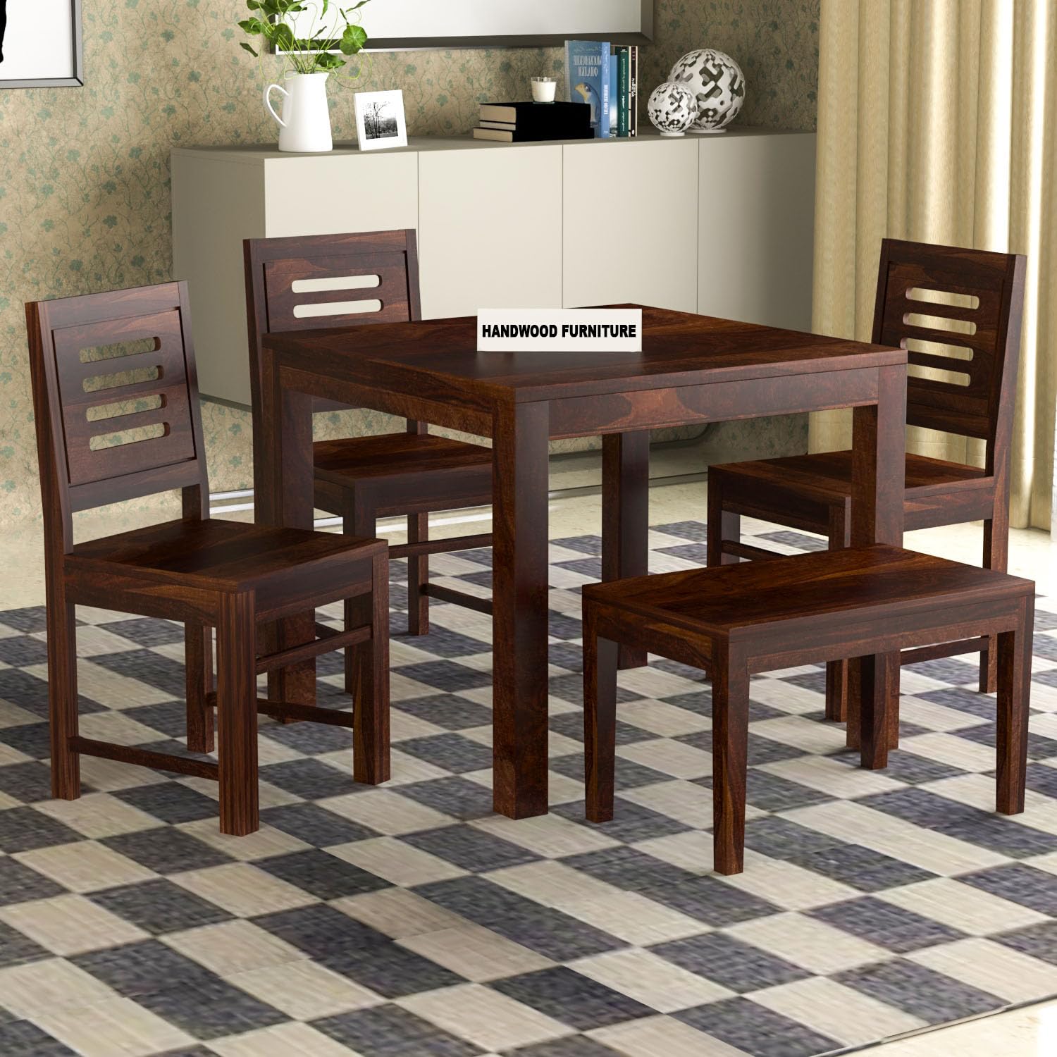 Sheesham Wood Dining Table(34x34) with 3 Chairs & 1 Bench | 4 Seater Dining Set | Wooden Dining Table with Chair - Dining Room Furniture