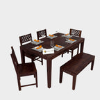 Sheesham Wood CNC Cutting Dining Table(57x35) with 4 Chairs, 1 Bench | 6 Seater Dining Set