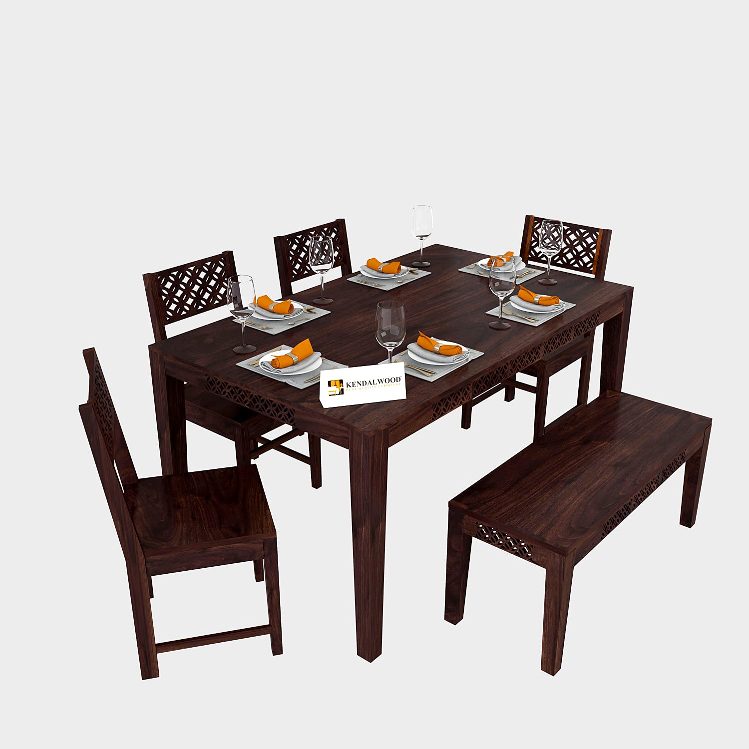 Sheesham Wood CNC Cutting Dining Table(57x35) with 4 Chairs, 1 Bench | 6 Seater Dining Set