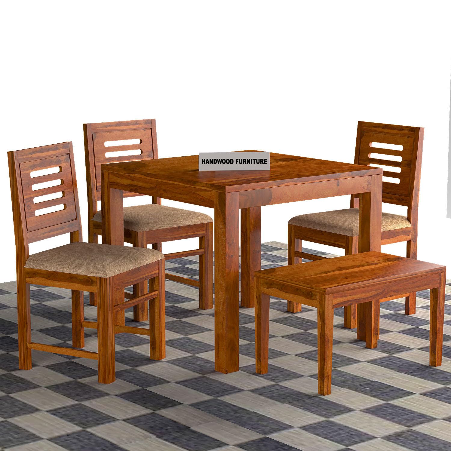 Sheesham Wood Dining Table(34x34) with 3 Chairs & 1 Bench | 4 Seater Dining Set | Wooden Dining Table with Chair - Dining Room Furniture