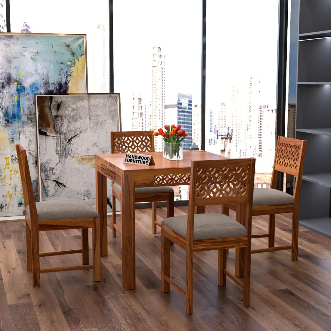 Premium Sheesham Wood Dining Table (34x34) with 4 Chairs |4 Seater Dining Set | Wooden Dining Table with Chair | Dining Room Furniture