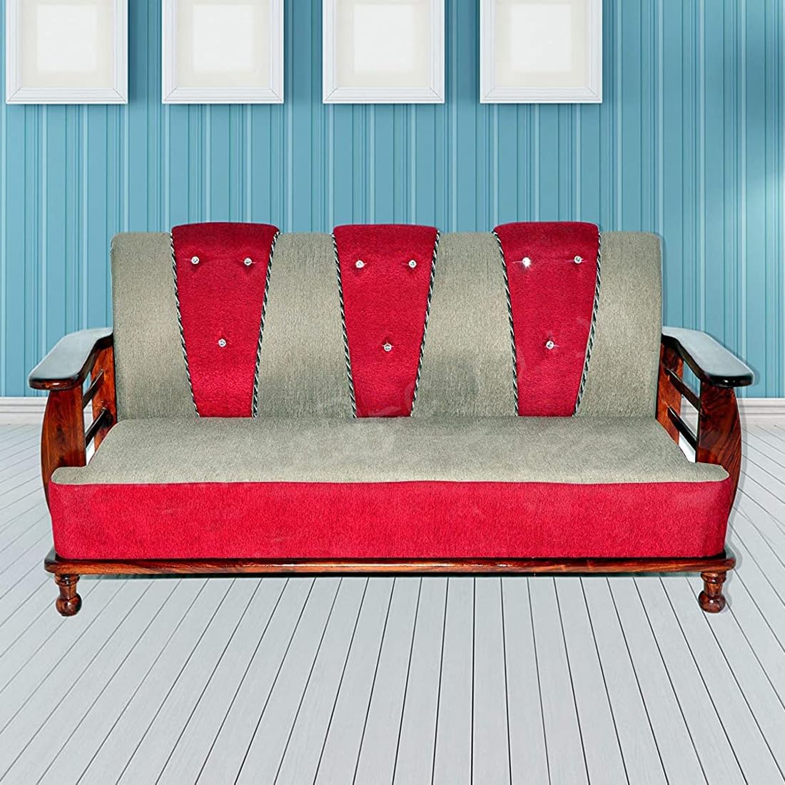 Solid Wood 5 Seater Wooden Sofa Set for Living Room Furniture | 3+1+1 Fabric Sofa Set Without Centre Table | Sofa for Home & Office Furniture