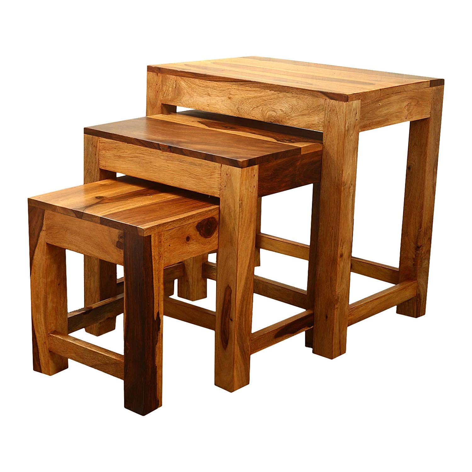 Pre Assemble Sheesham Wood Stool Nesting Bedside Table, Set of 3