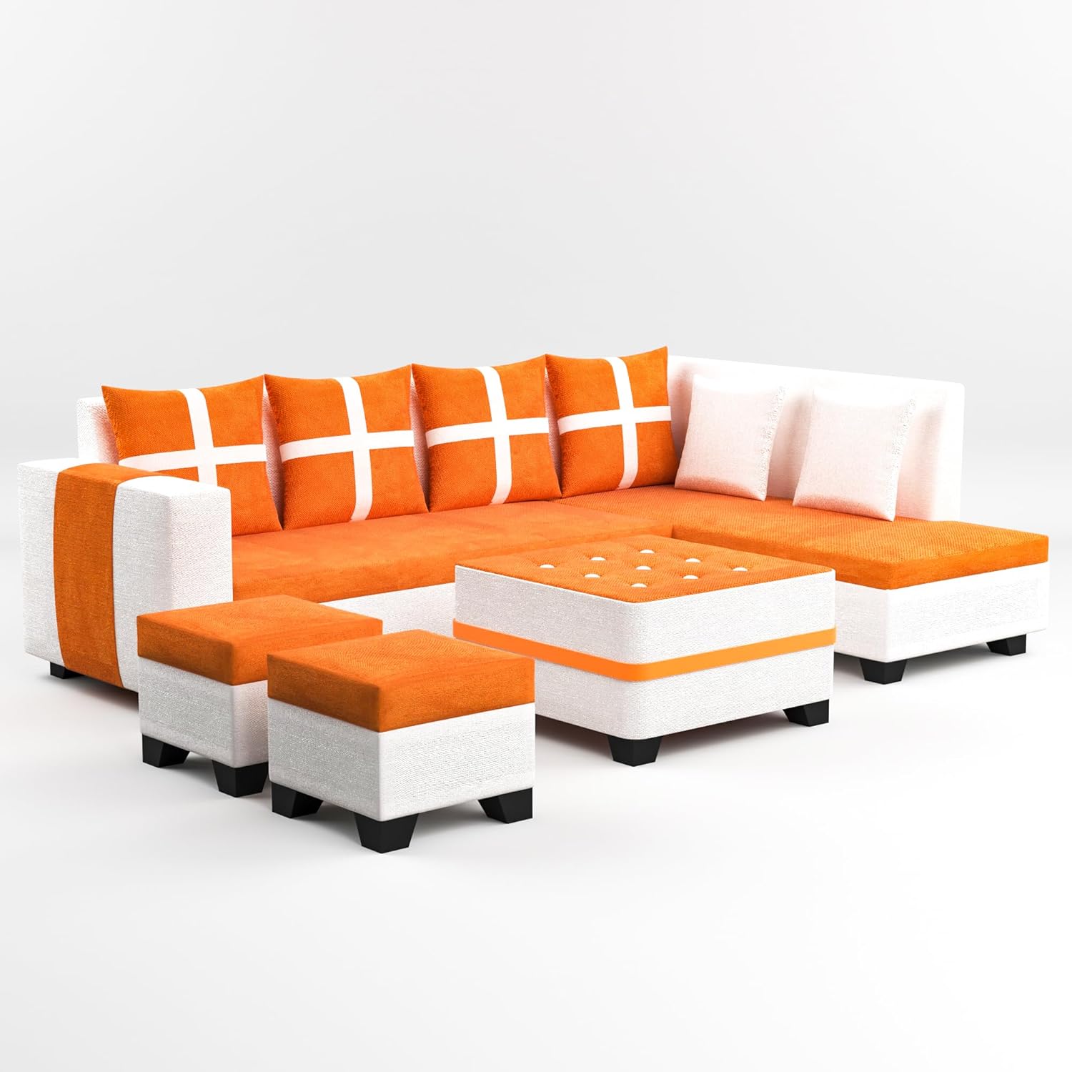 8 Seater Sofa Set, L Shape Sofa (Right Facing) 2 Ottoman, 6 Small Pillow with Coffee Table for Living Room Furniture | Sofa for Home & Office Furniture