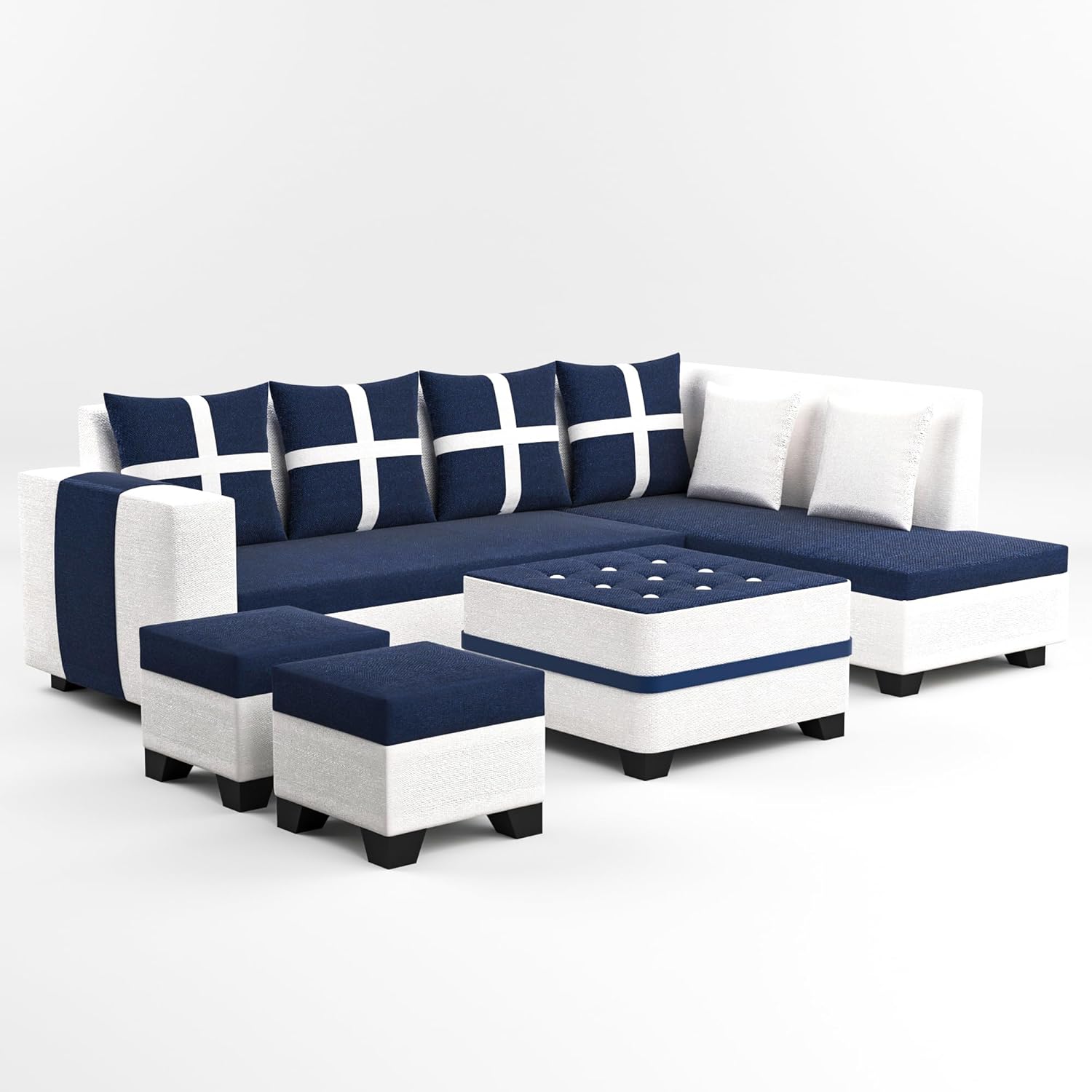 8 Seater Sofa Set, L Shape Sofa (Right Facing) 2 Ottoman, 6 Small Pillow with Coffee Table | Sofa for Home & Office Furniture