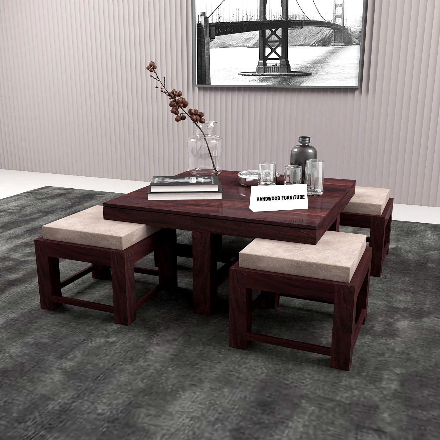 Premium Sheesham Wood Coffee Table for Living Room | Wooden Coffee Table with 4 Stool | Walnut Finish with Flower Printed Cushions