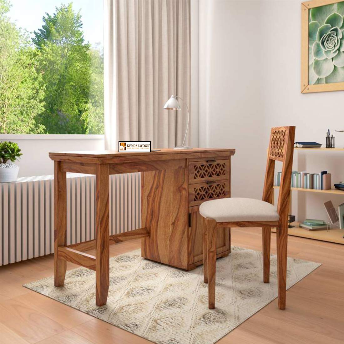 KENDALWOOD™ Furniture Solid Wood Office Desk | Reading Writing Table | Laptop Table |Wooden Table & Chair Set for Home and Office Study Table with Chair - Teak Finish