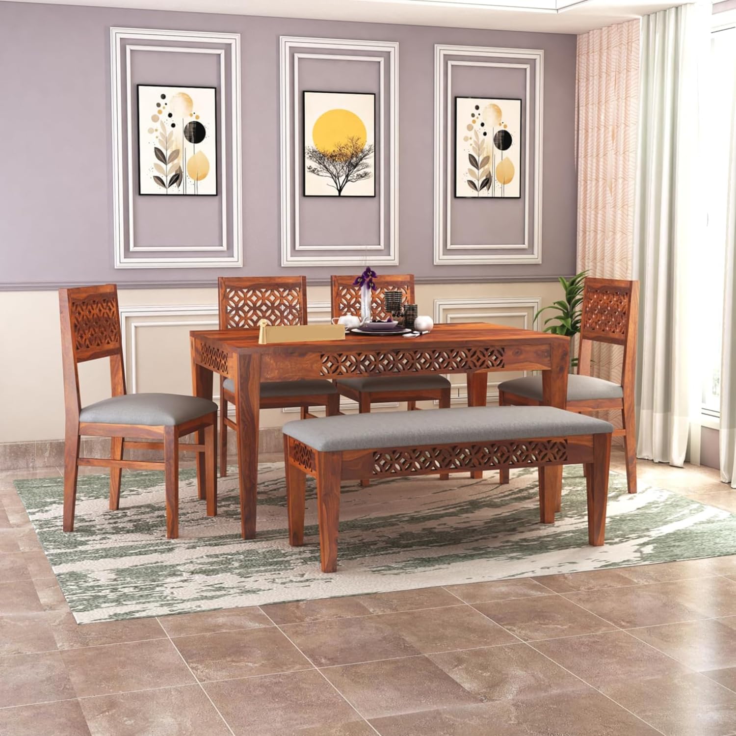 Sheesham Wood CNC Cuting Dining Table with 4 Chairs with 1 Bench|6 Seater Dining Set- Dining Room Furniture