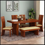 Furniture Sheesham Wood Dining Table with 4 Poster Chairs, 1 Bench |6 Seater Dining Set | Dining Room Furniture