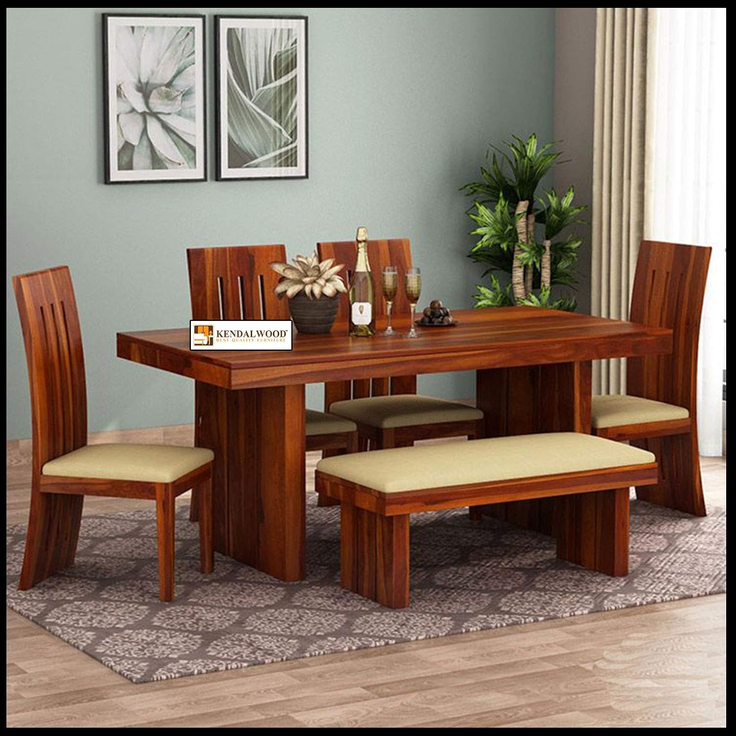 Furniture Sheesham Wood Dining Table with 4 Poster Chairs, 1 Bench |6 Seater Dining Set | Dining Room Furniture