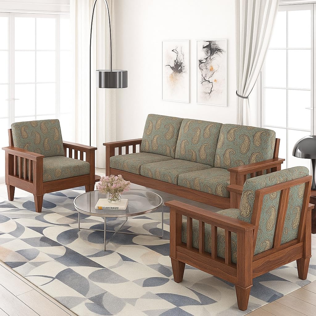 5 Seater Fabric Sofa Set for Living Room Furniture | Wooden 3+1+1 Sofa Set for Home & Office