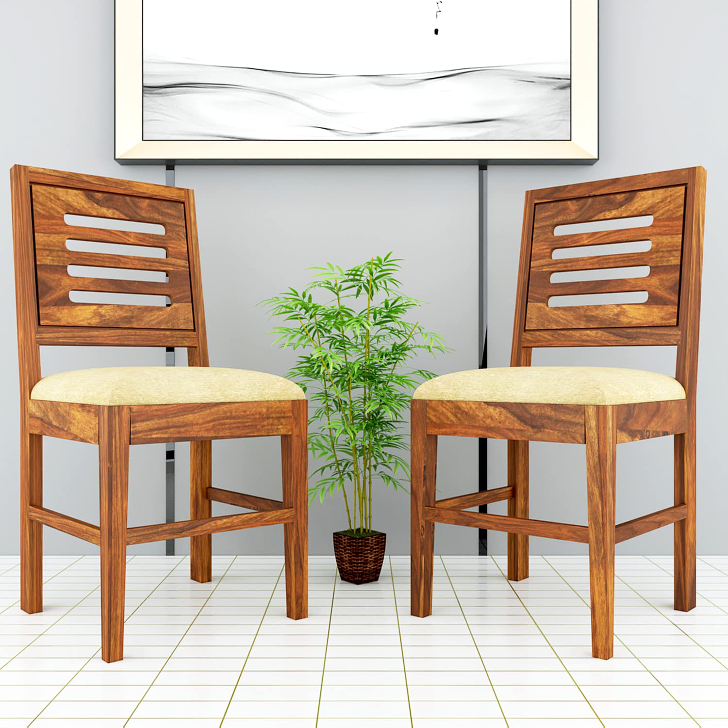 Modern Home Furniture | Solid Wood Dining Chair Set of 2 | Chair for Home & Office | Walnut Finish with Cream Cushions, Pre Assembled (Ready to Use)