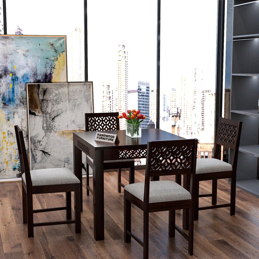 Premium Sheesham Wood Dining Table (34x34) with 4 Chairs |4 Seater Dining Set | Wooden Dining Table with Chair | Dining Room Furniture