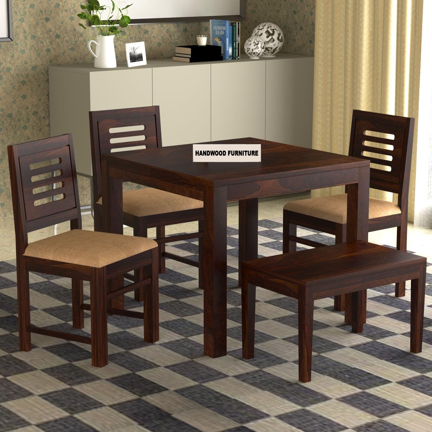 Sheesham Wood Dining Table(34x34) with 3 Chairs & 1 Bench | 4 Seater Dining Set | Wooden Dining Table with Chair - Dining Room Furniture