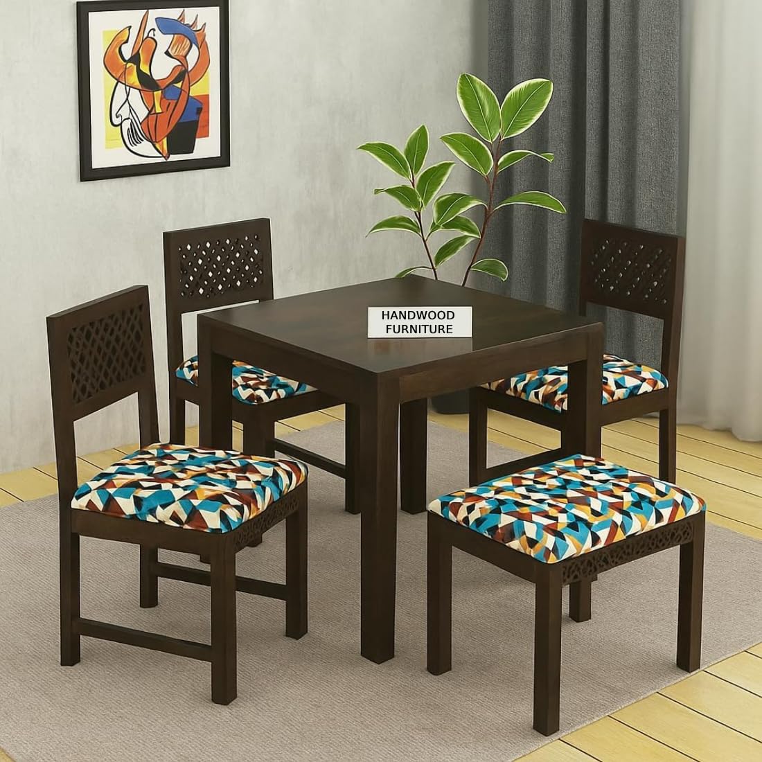 Sheesham Wood Dining Table (34x34) with 3 Chairs & 1 Bench | 4 Seater Dining Set