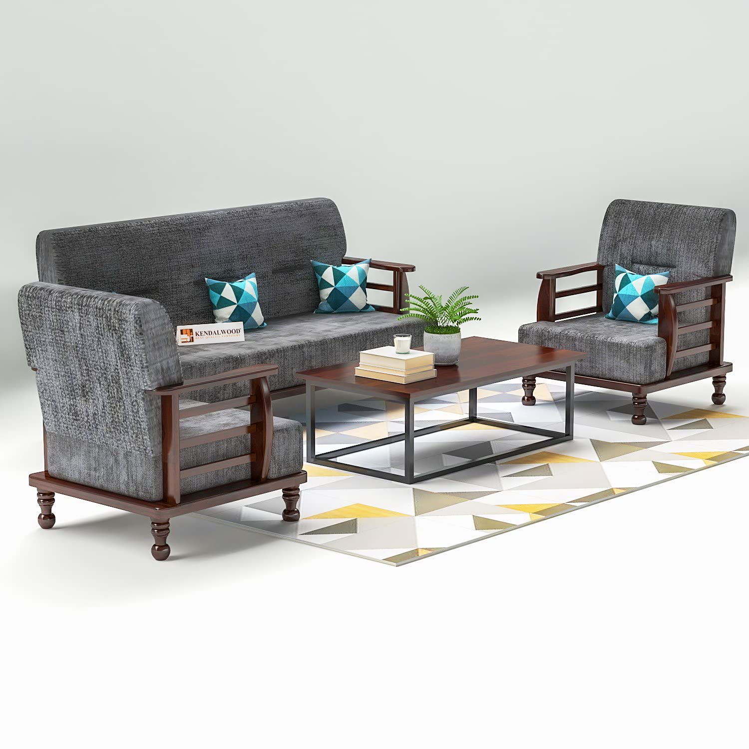 Solid Wood 5 Seater Wooden Sofa Set for Living Room Furniture Fabric 5 Seater Sofa