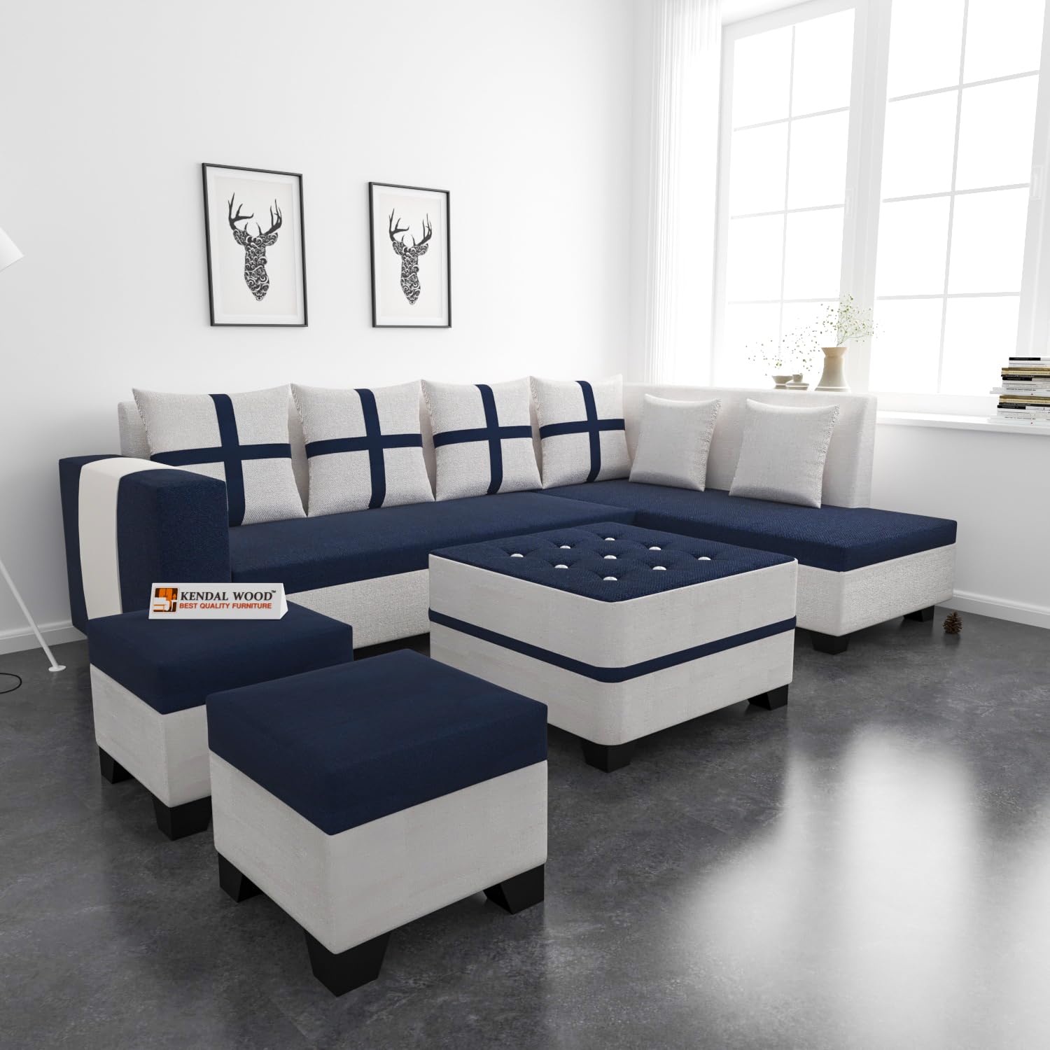 8 Seater Sofa Set, L Shape Sofa (Right Facing) 2 Ottoman, 6 Small Pillow with Coffee Table | Sofa for Home & Office Furniture
