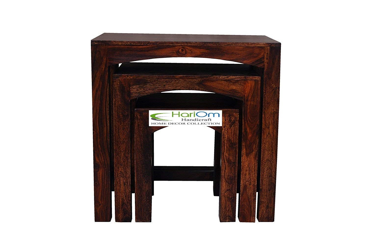 Sheesham Wood Nesting Tables for Living Room, Wooden Stools, Set of 3