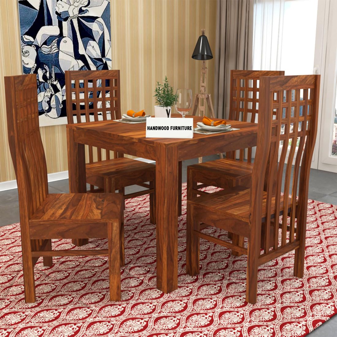 Premium Sheesham Wood Dining Table (34x34) with 4 Chairs | 4 Seater Dining Set | Wooden Dining Table with Chair | Dining Room Furniture