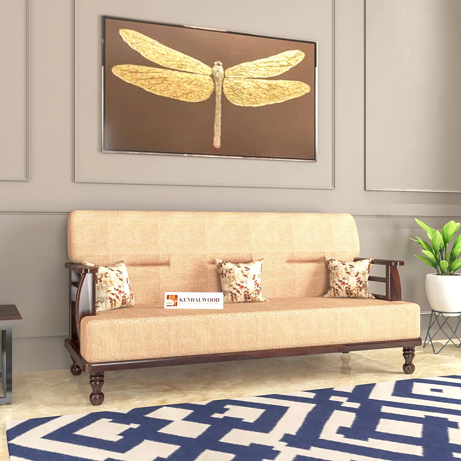 Solid Wood 3 Seater Wooden Sofa Set for Living Room Furniture Fabric 3 Seater Sofa