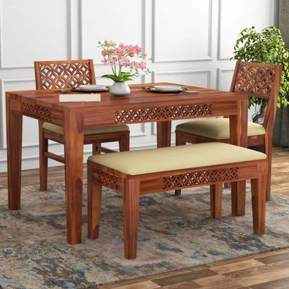 Sheesham Wood Dining Table (34x34) with 2 Chairs 1 Bench | 4 Seater Dining Set | Wooden Dining Table with Chair | Dining Room Furniture