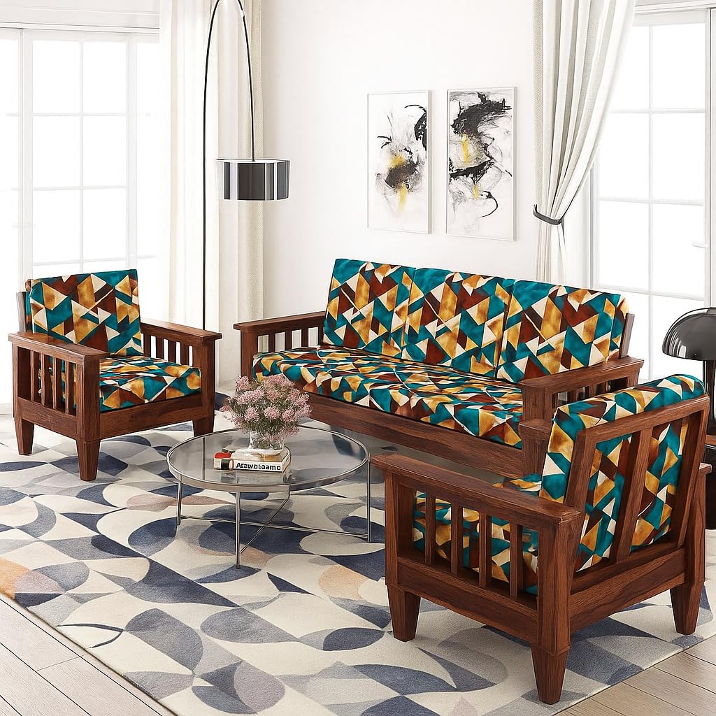 Solid Wood 5 Seater Fabric Sofa Set for Living Room Furniture | Wooden 3+1+1 Sofa Set for Home & Office | Color:- Natural with Multicolor Printed Cushions