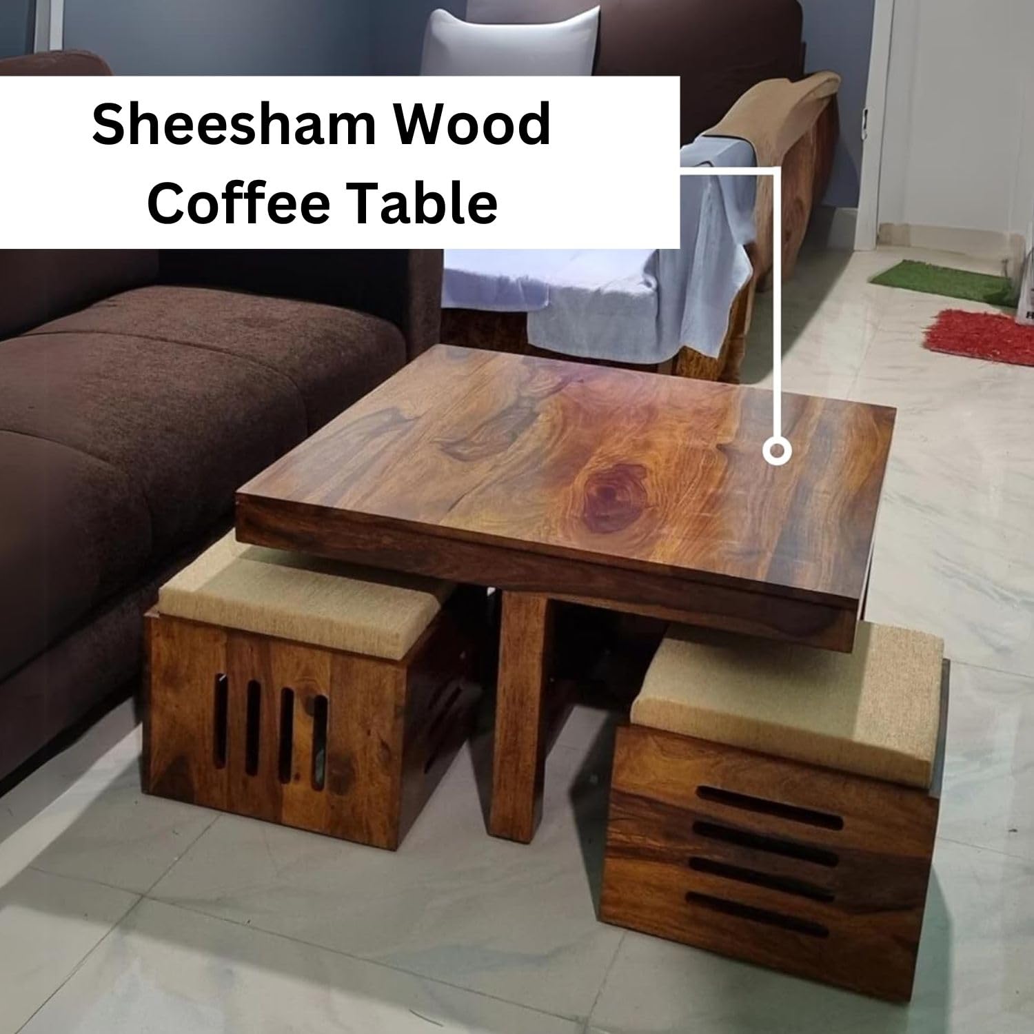 Premium Sheesham Solid Wood Coffee Tea Center Table with 4 Stool Living Room Furniture - Teak Finish