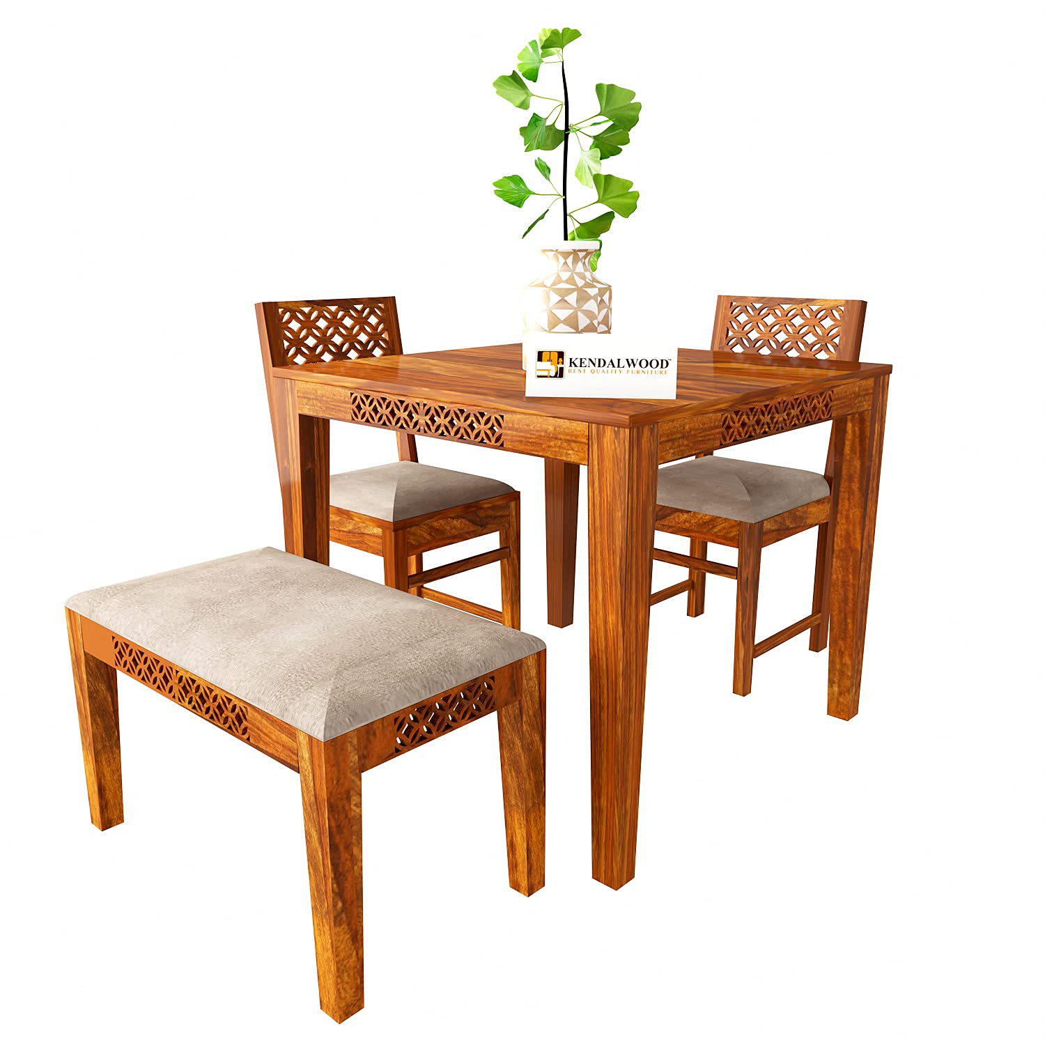 Sheesham Wood CNC Cuting Dining Table with 2 Chairs with 1 Bench | 3 Seater Dining Set Dining Room Furniture