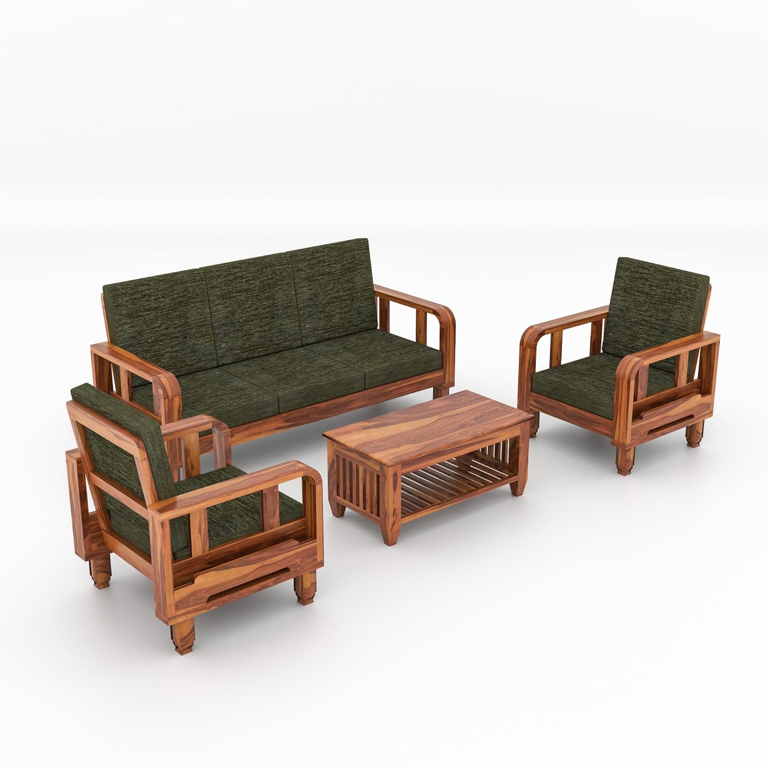 Solid Wood 5 Seater Wooden Sofa Set for Living Room Furniture 5 Seater 3+1+1 Fabric Sofa Set with Center Table