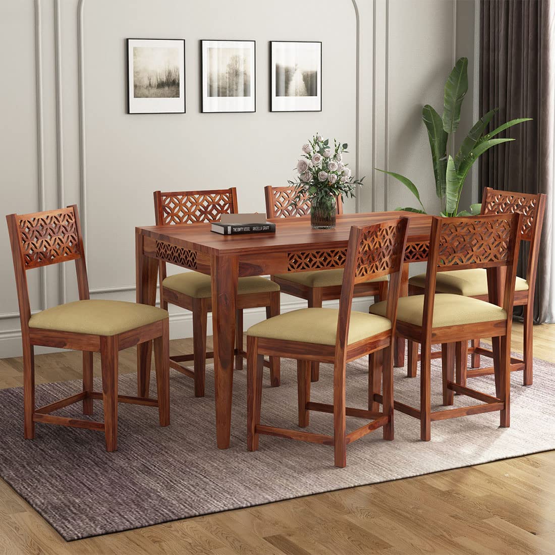 Sheesham Wood Dining Table(57x35) with 6 Chairs | 6 Seater Dining Set | Wooden Dining Table with Chair - Dining Room Furniture