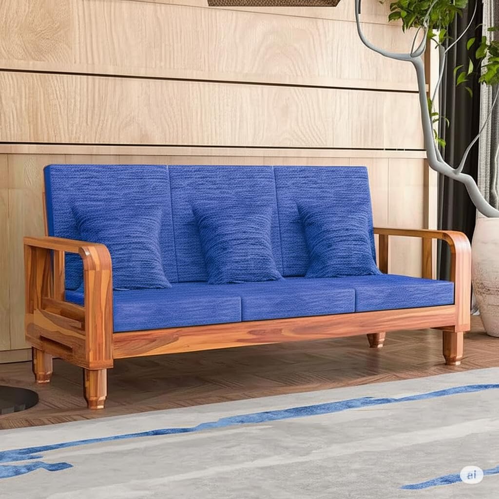 Solid Wood 3 Seater Wooden Sofa Set for Living Room Furniture Fabric 3 Seater Sofa