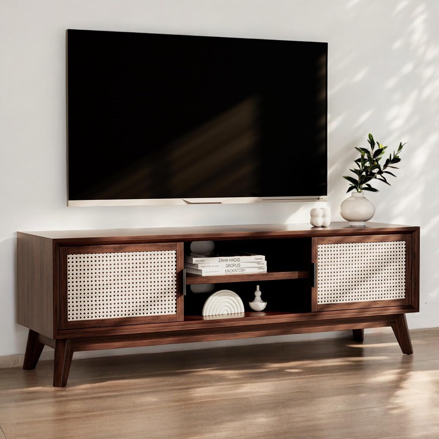 Sheesham Wooden TV Entertainment Unit | TV Unit for Bedroom, Living Room | Cabinet with Storage | Finish Color:- Walnut